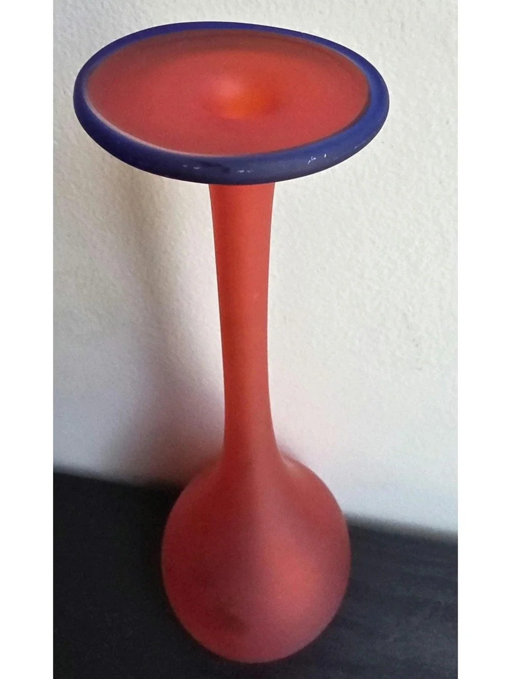 Vintage Murano Style Satin Red Art Glass Bud Vase Blue Rim Carlo Moretti Style